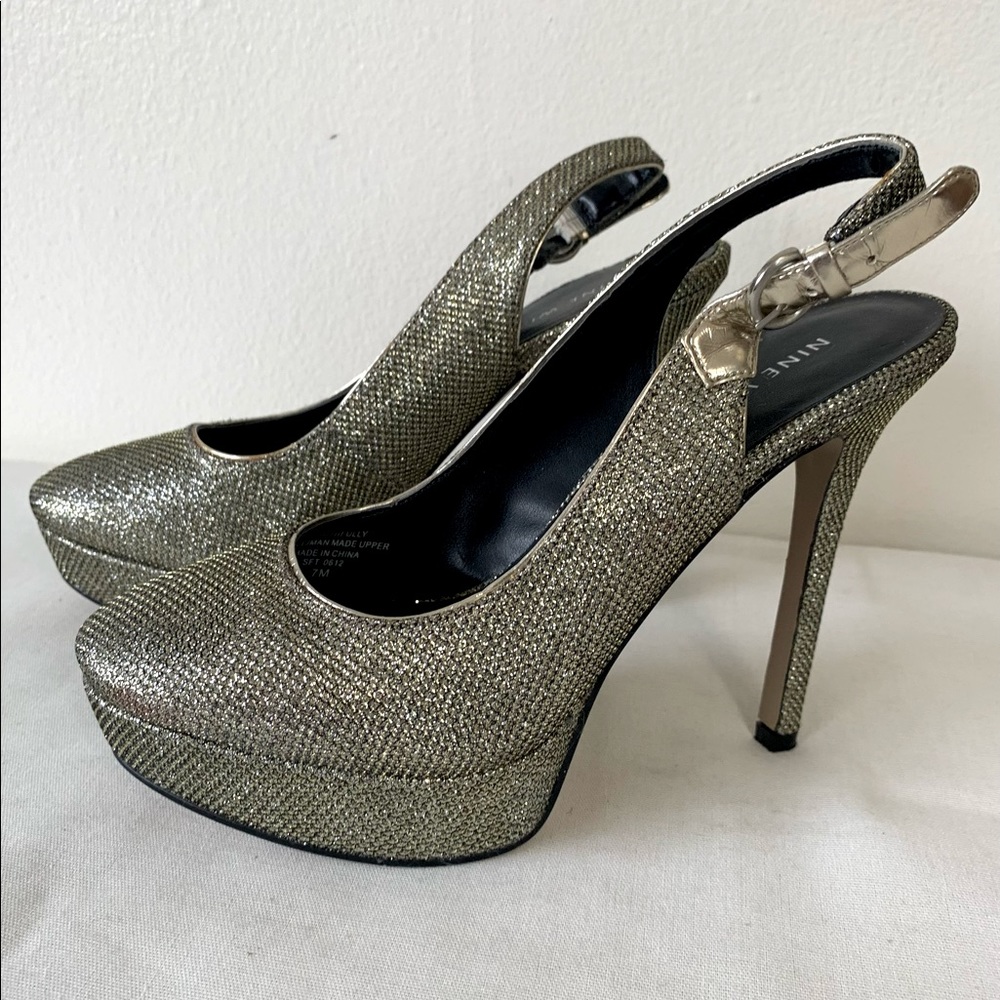 Nine West Slingback Platform Heels Black Silver Shimmer Women’s Size 7